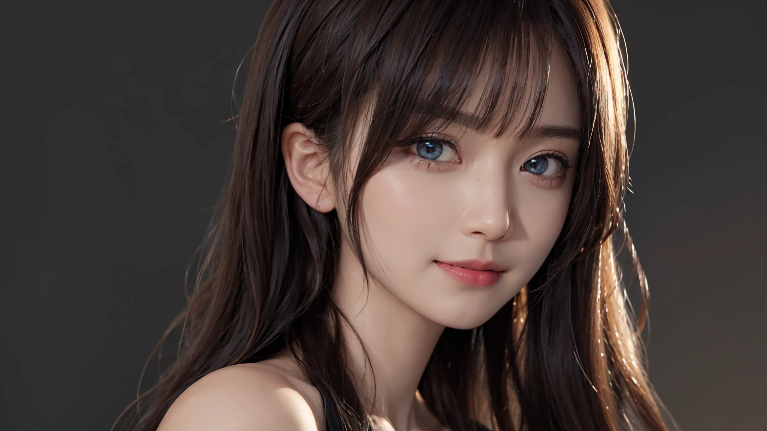 (Ultra Realistic), (Illustration), (Increased Resolution), (8K), (Extremely Detailed), (Best Illustration), (Beautiful and Detailed Eyes), (Best Quality), (Ultra Detailed), (Masterpiece ), ( wallpaper), (detailed face), solo, 1 girl, looking at viewer, fine details, detailed face, in the dark, deep shadows, low key, pureerosfaceace_v1, smiling, long hair, black shawl straight hair , 46 points oblique bangs