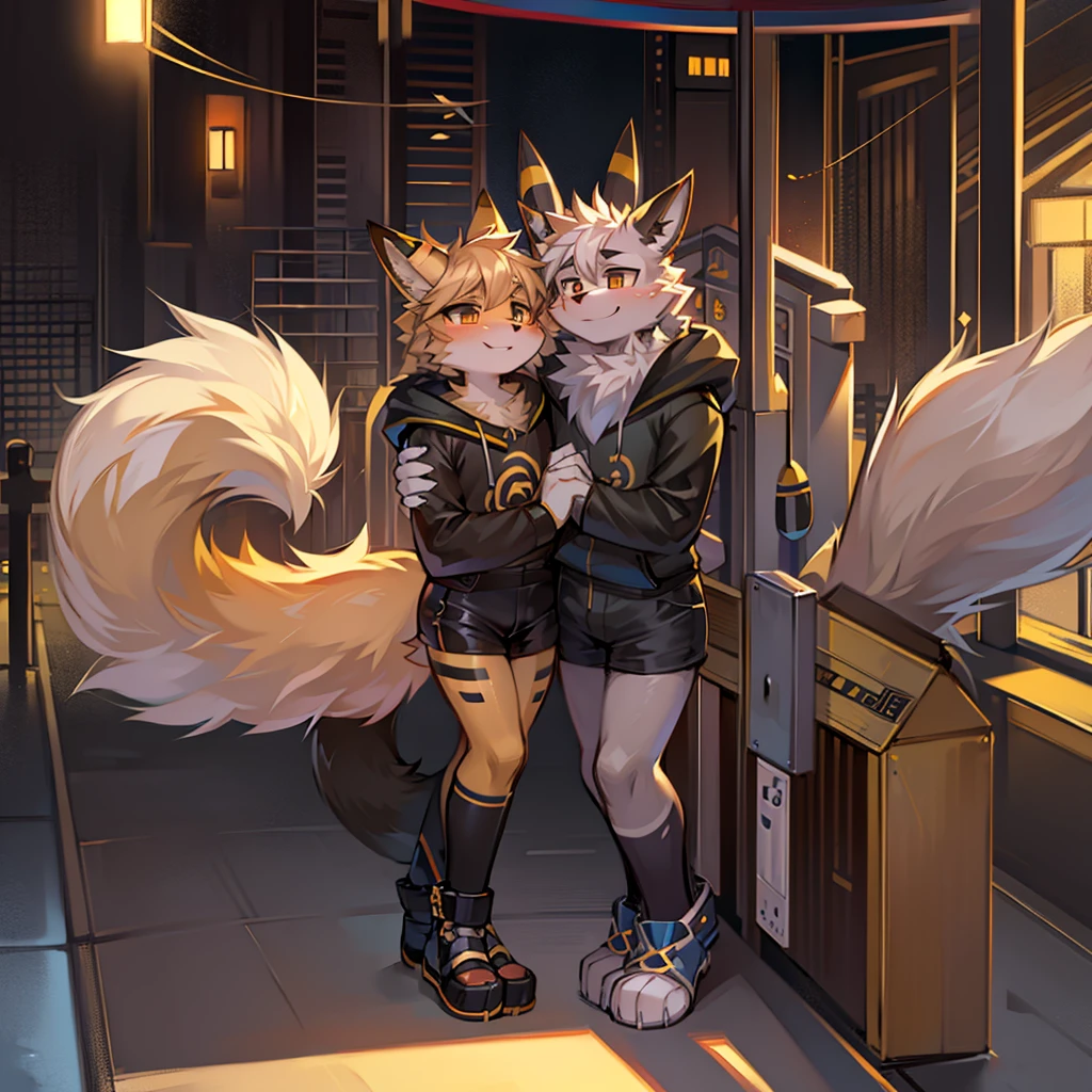 An arcanine giving a smile hugging an umbreon, being in a playground