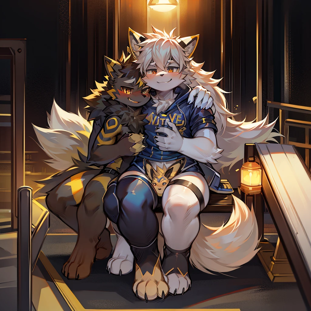 tmasterpiece,high qulity,Ridiculous resolution,digitial painting\(artwork of a\),nekowuwu,cynie_(artist),(Fluffy fur:1.1),(luminance:0.8),Human dragons。 (Orange eyes,Golden fur,Full body fur,Cat nose:1.2),eyes with brightness,in a panoramic view,Character focus。detailedbackground,(Yellow swimsuit,perspire,Protective goggles,Freestyle:1.2),(inside in room,Swimming pool: 1.2),Furry dragon,drak,deer antlers,Cocked buttocks,Gold skin,muscular plump,Lace,white stockings,The woman lay down,Bedrooms,Being pressed against a wall and forcibly kissed,climaxing,Busty body,Gray hair,long whitr hair,Glowing eyes,outside,Dragon ear,Dragon tail,Gay