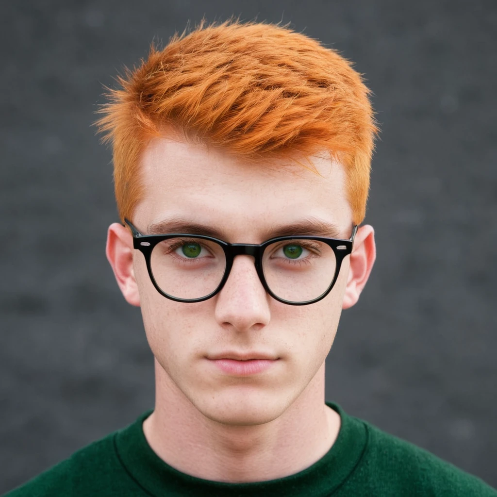 Handsome Scottish guy, orange hair, green eyes, short hair, buzzcut hair, 17 years old student, big eyeglasses
