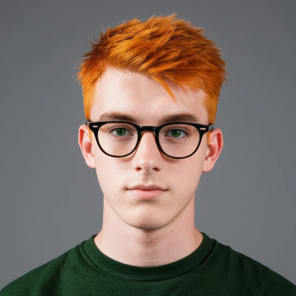 Handsome Scottish guy, orange hair, green eyes, short hair, buzzcut hair,  17 years old student, big eyeglasses 