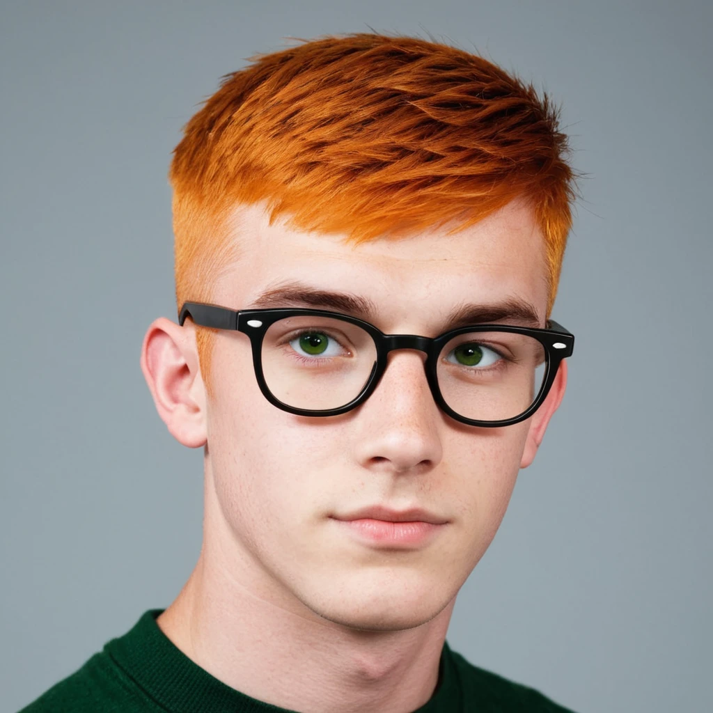 Handsome Scottish guy, orange hair, green eyes, short hair, buzzcut hair, student, big eyeglasses