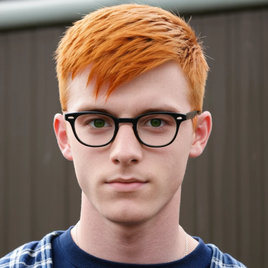 Handsome Scottish guy, orange hair, green eyes, short hair, buzzcut hair, 17 years old student, big eyeglasses