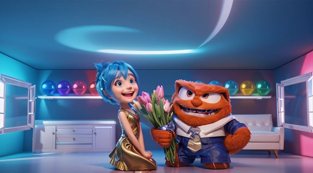 An animated character of a girl with blue hair is standing next to a boy with red hair, both are smiling and holding flowers, smooth 3d model, glossy plastic texture, multiple light sources, rim light, sharp post effects render, most beautiful vfx, , realistic, 4k, high resolution, rim light, smooth 3d model. ,  glossy texture, smooth 3d model, multiple light sources, rim light, sharp post effects render, (glossy plastic texture with multiple big light probe refractions), perfect cgi,   reflective, best quality, 4k, masterpiece:1.2, ultra-detailed, realistic, vivid colors, The image of the highest quality, ensuring every detail showcased perfectly. It in 4k resolution, allowing viewers to immerse themselves in the richness of the colors and intricate details. The realistic rendering. under the spotlight, reflecting, high-resolution image, realistic rendering