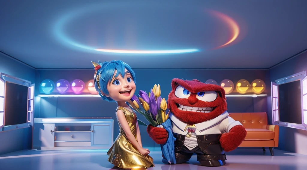 An animated character of a girl with blue hair is standing next to a boy with red hair, both are smiling and holding flowers, smooth 3d model, glossy plastic texture, multiple light sources, rim light, sharp post effects render, most beautiful vfx, , realistic, 4k, high resolution, rim light, smooth 3d model. , glossy texture, smooth 3d model, multiple light sources, rim light, sharp post effects render, (glossy plastic texture with multiple big light probe refractions), perfect cgi, reflective, best quality, 4k, masterpiece:1.2, ultra-detailed, realistic, vivid colors, The image of the highest quality, ensuring every detail showcased perfectly. It in 4k resolution, allowing viewers to immerse themselves in the richness of the colors and intricate details. The realistic rendering. under the spotlight, reflecting, high-resolution image, realistic rendering