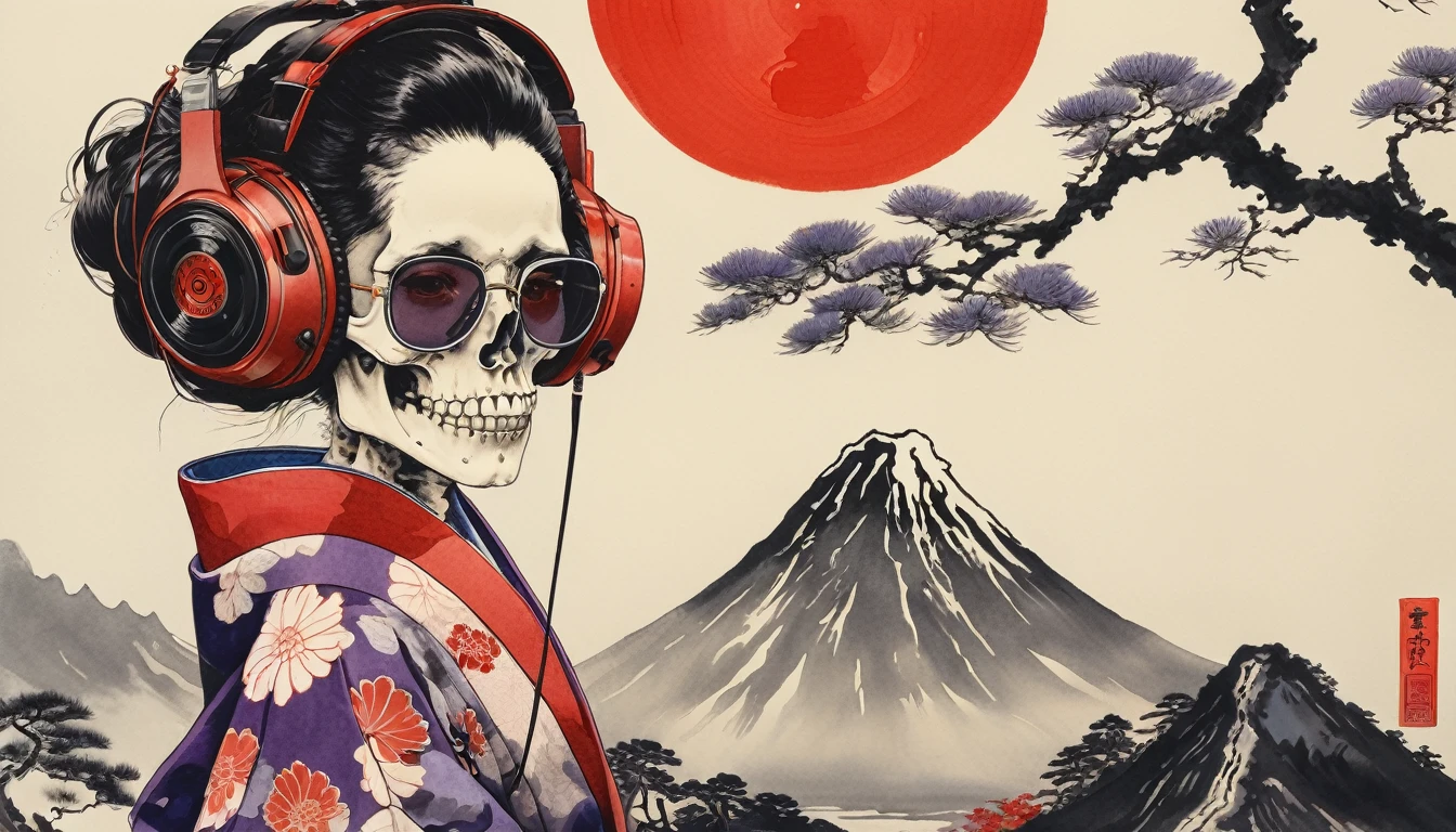 Female skeleton wearing a kimono, Light purple lens sunglasses, Katsushika Hokusai, Ink Painting, Japanese style headphones, Modern ukiyo-e style, Red Eyes, Japanese sword