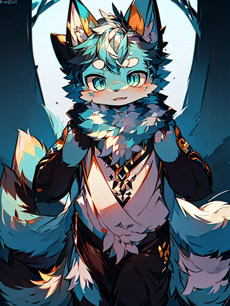 Anime style fox with blue eyes and black tail, Фолсен Art, Very high quality, Furry Art, очень милый Furry Art, blue furry, anime style, маленький blue furry, high detail