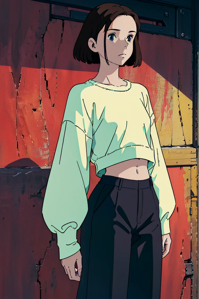 8k, original, 1girl, (solo,single person), hd, absurdres, anime style, 2d, celshade style, digital art, ((solid color background)), (short bob hair, straight hair, forehead, brunette hair), wearing ((black loose baggy sweater, long sleeves, midriff, black long pants))