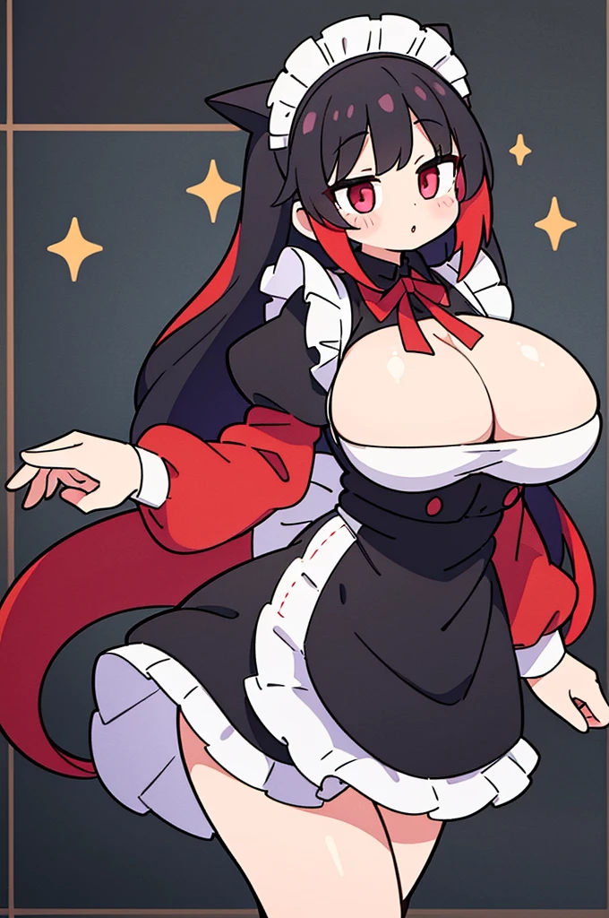 1girls big breasts black hair busty clothed dark hair dress dress shirt female female only fish tail fully clothed huge breasts large breasts light skin light-skinned female maid maid apron maid headdress maid outfit maid uniform multicolored hair red eyes red hair shark girl shark tail tail thick thick ass thick thighs thighs