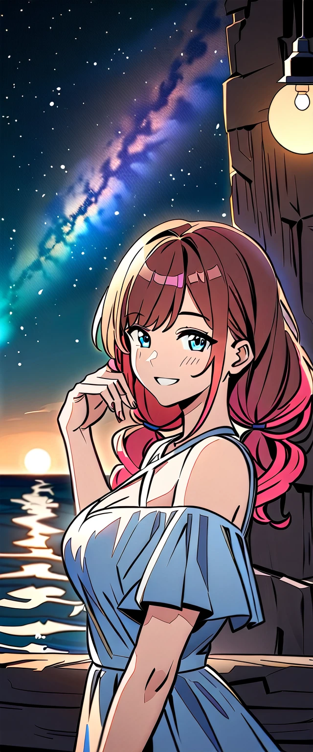 ((grin)), Eyeshadow, False eyelashes, ((off-shoulder dress:1.3, criss-cross halter)), ((white sundress)), ((cleavage)), ((high twin tails hair, medium hair, spiral curl hair, gradient hair, red hair, hair extensions, streak)), ((sunglasses, hand to sunglasses)), (((from side))), ((((upper body)))), bare legs, (()), (((a beautiful starry sky, the Milky Way shining beautifully in the night))), ((on the very high cliff)), wavy hair, inward curled hair, ((sea, nature)), breasts, teenager, (looking at viewer), puffy long sleeves, collarbone, head tilt:1.3, (((blue eyes))), happy smile, (((anime style))), (best quality, 4K, 8K, highres, masterpiece:1.2, ultra-detailed, ultra-detailed eyes, HDR, uhd, studio lighting, ultra-fine painting, sharp focus, physically-based rendering, extreme detail description, professional, vivid colors, bokeh)