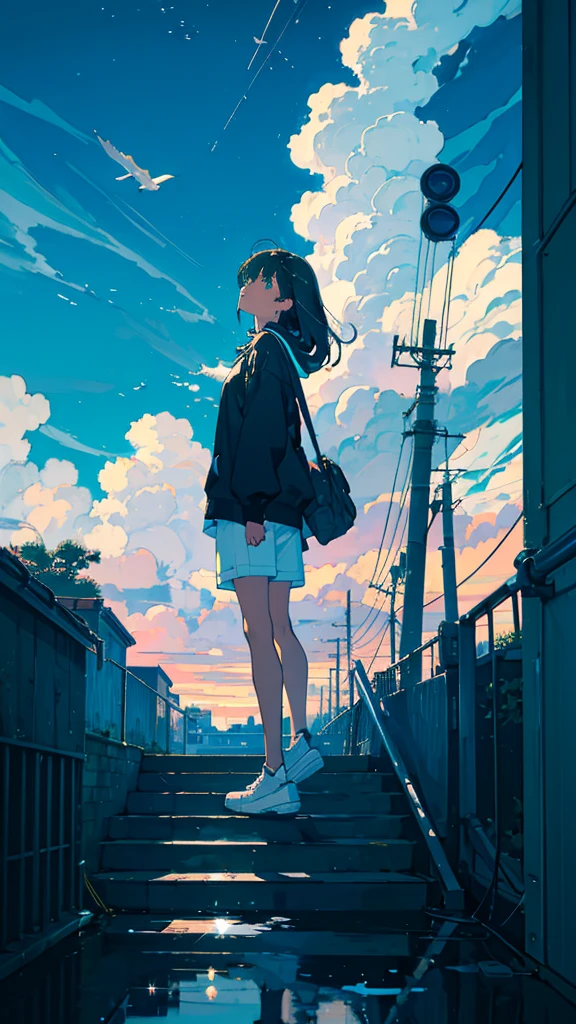 masterpiece, Exquisite detail,Highest quality, One girl, alone, handrail, cloud, Looking up at the buildings,Long Hair, zero, Long sleeve, Power lines, White footwear, Black Hair, View your viewers, Electric pole, bangs, cloudy zero, fish, bird, Green Eyes, Shorts, Day, Black Shirt, barefoot,Whale flying in the sky,Giant whale,night,Star,milky way,night,Pitch black,Buildings,Sitting, High quality anime art style，Standing painting，Splash ink background，Blue Themes,Clear Face,Distinct facial features