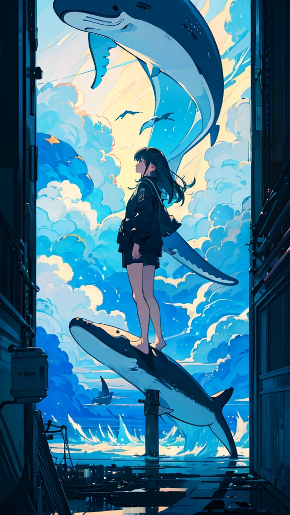 masterpiece, Exquisite detail,Highest quality, One girl, alone, handrail, cloud, Looking up at the buildings,Long Hair, zero, Long sleeve, Power lines, White footwear, Black Hair, View your viewers, Electric pole, bangs, cloudy zero, fish, bird, Green Eyes, Shorts, Day, Black Shirt, barefoot,Whale flying in the sky,Giant whale,night,Star,milky way,night,Pitch black,Buildings,Sitting, High quality anime art style，Standing painting，Splash ink background，Blue Themes,Clear Face,Distinct facial features