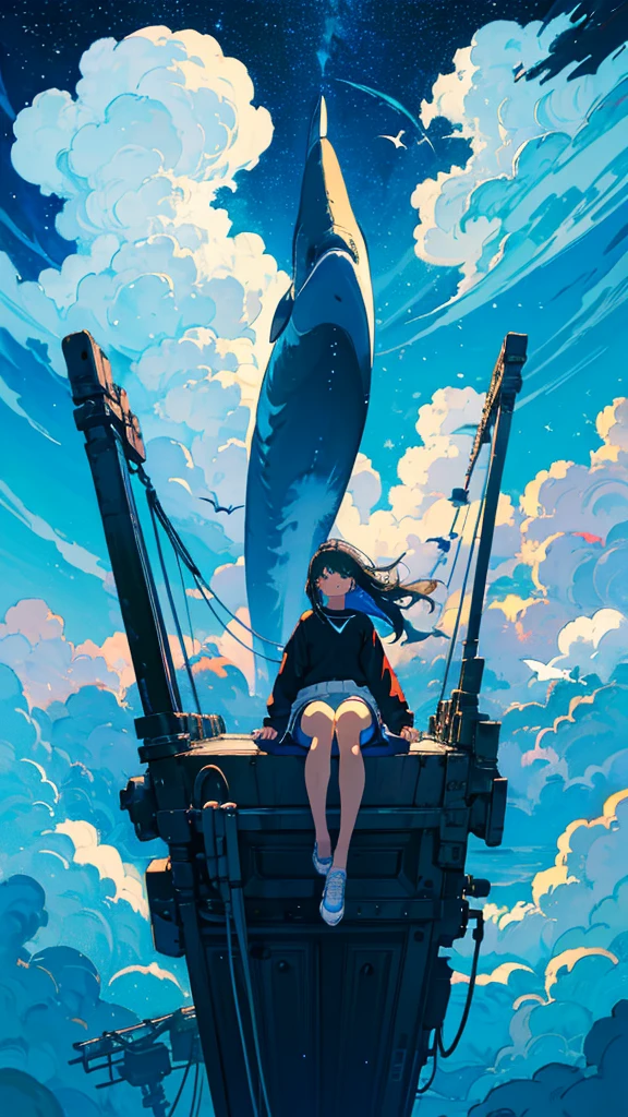 masterpiece, Exquisite detail,Highest quality, One girl, alone, handrail, cloud, Looking up at the buildings,Long Hair, zero, Long sleeve, Power lines, White footwear, Black Hair, View your viewers, Electric pole, bangs, cloudy zero, fish, bird, Green Eyes, Shorts, Day, Black Shirt, barefoot,Whale flying in the sky,Giant whale,night,Star,milky way,night,Pitch black,Buildings,Sitting, High quality anime art style，Standing painting，Splash ink background，Blue Themes,Clear Face,Distinct facial features