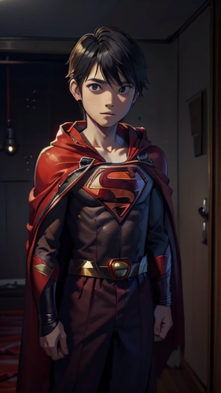 best quality,masterpiece,1boy,solo,(((13years old))),japanese boy,an extremely cute and handsome boy,highly detailed beautiful face and eyes,petit,cute face,lovely face,baby face,shy smile,show teeth, Black hair,Short hair,flat chest,skinny,slender,(((wearing a Superboy costume,red cape))),(((standing in reelunsettling dark indoors room)),he is looking at the viewer,