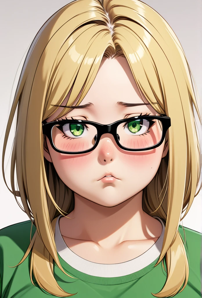 chubby girl, adult girl, blonde, medium length hair, open forehead, no bangs, green eyes, black square-rimmed glasses, embarrassment 