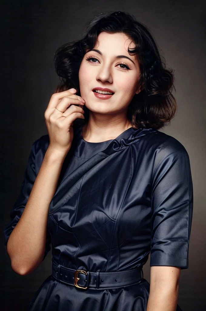 photo of mdbla woman, 50s analog look, wearing conservative elegant Navy Blue clothing,  dynamic pose, healthy skin, looking at camera, laughing, accurate anatomy, simple contrasting background, film grain  