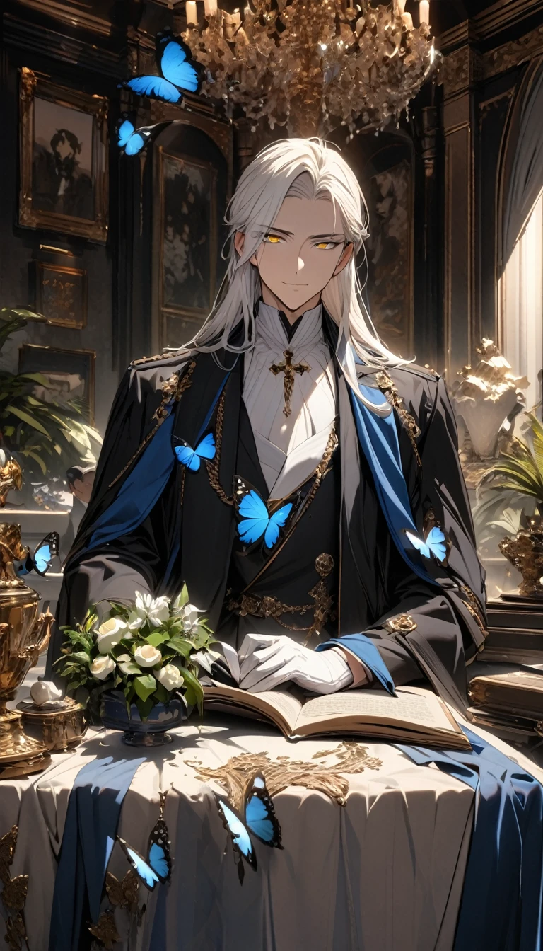 (masterpiece:1.5),best quality,(1 Handsome man),alone,white long length hair,(yellow eyes), (A soft smile),elegant,perfect face,Long black trench coat,white and blue cloth,white leather gloves,white lining,Slightly muscular body,High,8K,Beautiful contrast of light and shadow,Dark luxury background,(complete upper body),Positive face,luxury screen,(Luxurious castle hall),Living room,book,plant,((many butterflies)),Museum,many flowers,(cross jewelry)