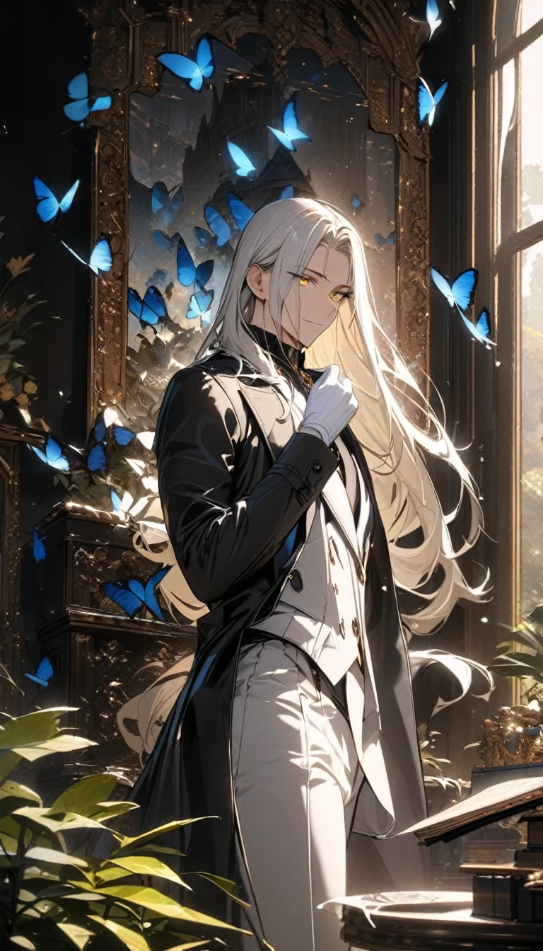 (masterpiece:1.5),best quality,(1 Handsome man),alone,white long length hair,(yellow eyes), (A soft smile),elegant,perfect face,Long black trench coat,white and blue cloth,white leather gloves,white lining,Slightly muscular body,High,8K,Beautiful contrast of light and shadow,Dark luxury background,(complete upper body),Positive face,luxury screen,(Luxurious castle hall),Living room,book,plant,((many butterflies)),Museum,many flowers,(cross jewelry)