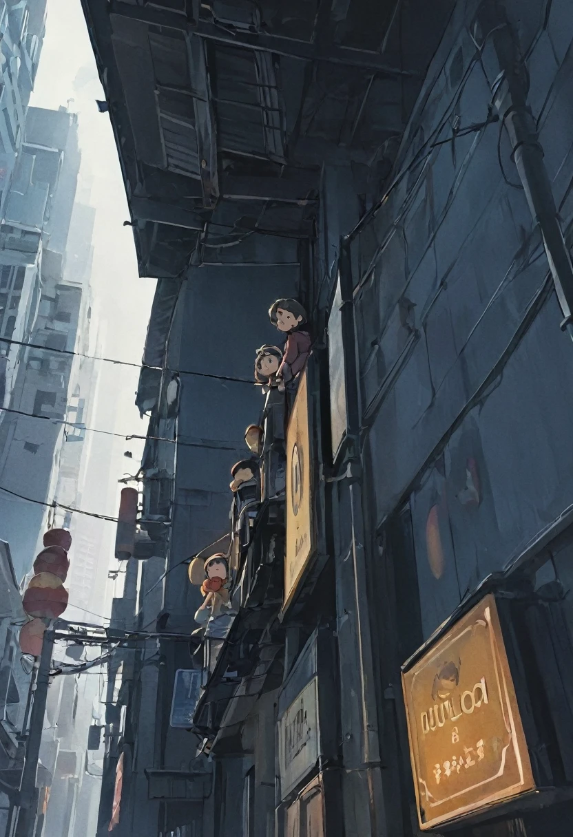Look up at the sign　Two children