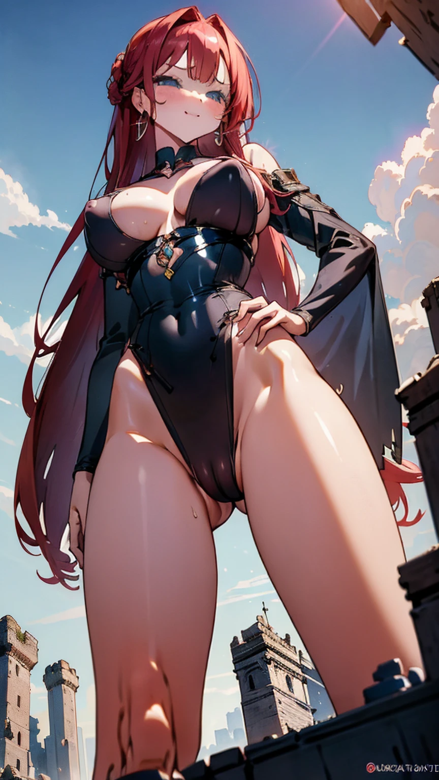 A ravishing giantess in a revealing red lingerie set, with long auburn hair and piercing blue eyes, stands provocatively over a medieval castle. Her powerful legs crush the stone walls and towers, her hands on her hips as she gazes down at the tiny knights and nobles with a playful smirk. Her voice is filled with sensual mockery, her body radiating raw sexual energy and dominance. Giantess, Goddess, sexy legs, lingerie, hot, curvy body, mommy issues, tiny people, macrophilia, perspective from below, high quality, almost naked, mature woman, medieval, erotic.

