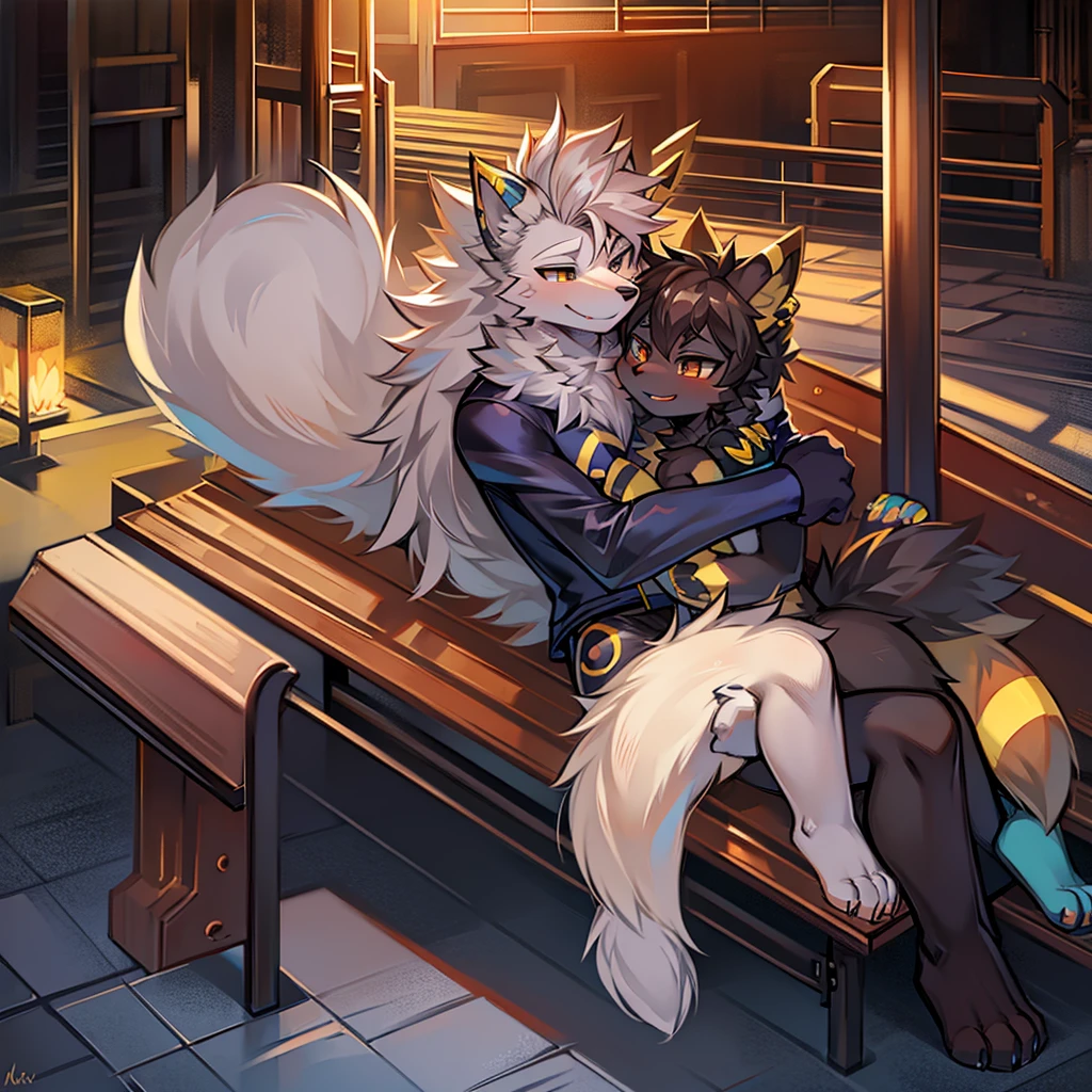 An arcanine giving a smile hugging an umbreon, being in a playground