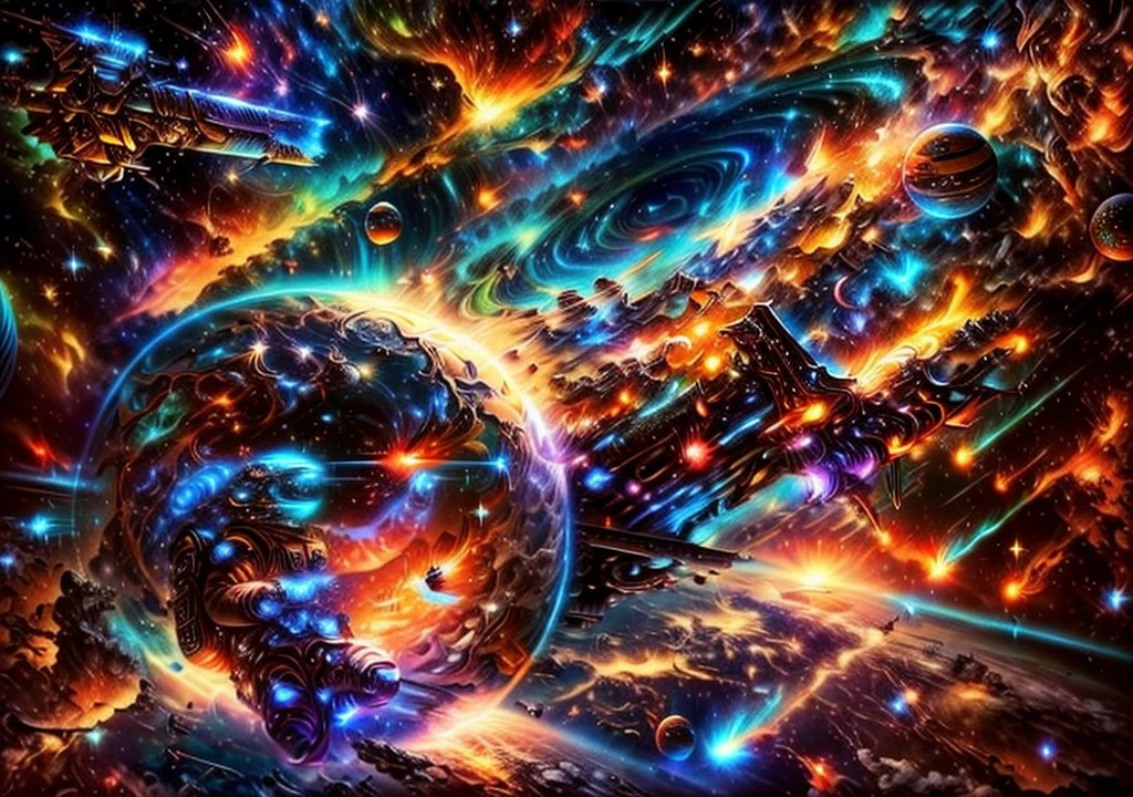 3D realistic illustration style, with a spectacular background of a huge interstellar galaxy surrounded by planets. The image includes elements such as spaceships, rocket ships, and other celestial bodies. The astronaut photographed colorful galaxies and comets, which are surrounded by space debris, just like the sat_FACEyalismart style, with bright colors. This scene creates a dynamic atmosphere and captures the excitement and wonder of exploring the outer universe. It vividly depicts the astronaut's journey through the cosmic landscape.
