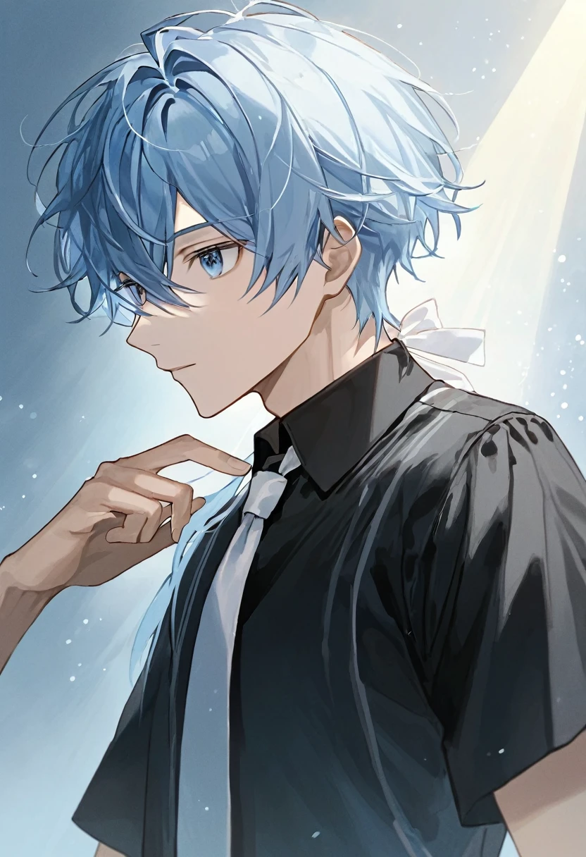 Light blue hair、male、beautiful、Black shirt、White ribbon tie