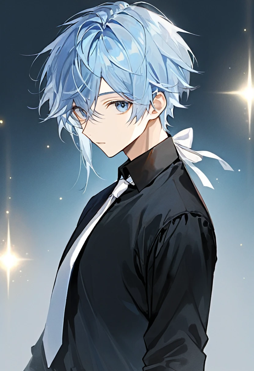 Light blue hair、male、beautiful、Black shirt、White ribbon tie