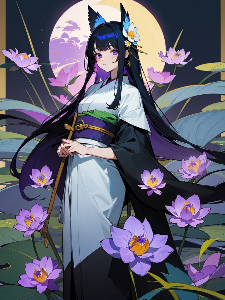 Anime illustration、masterpiece、Highest quality、One girl、Long straight black hair、Hair ornament is white flower、Eye color is green、Japanese style kimono、The obi is white、The obidome has a Mizuhiki pattern.、Posing in front of a lotus field、Lots of purple iris flowers、There is a kingfisher bird、Summer evening、The thirteenth night moon is in the sky