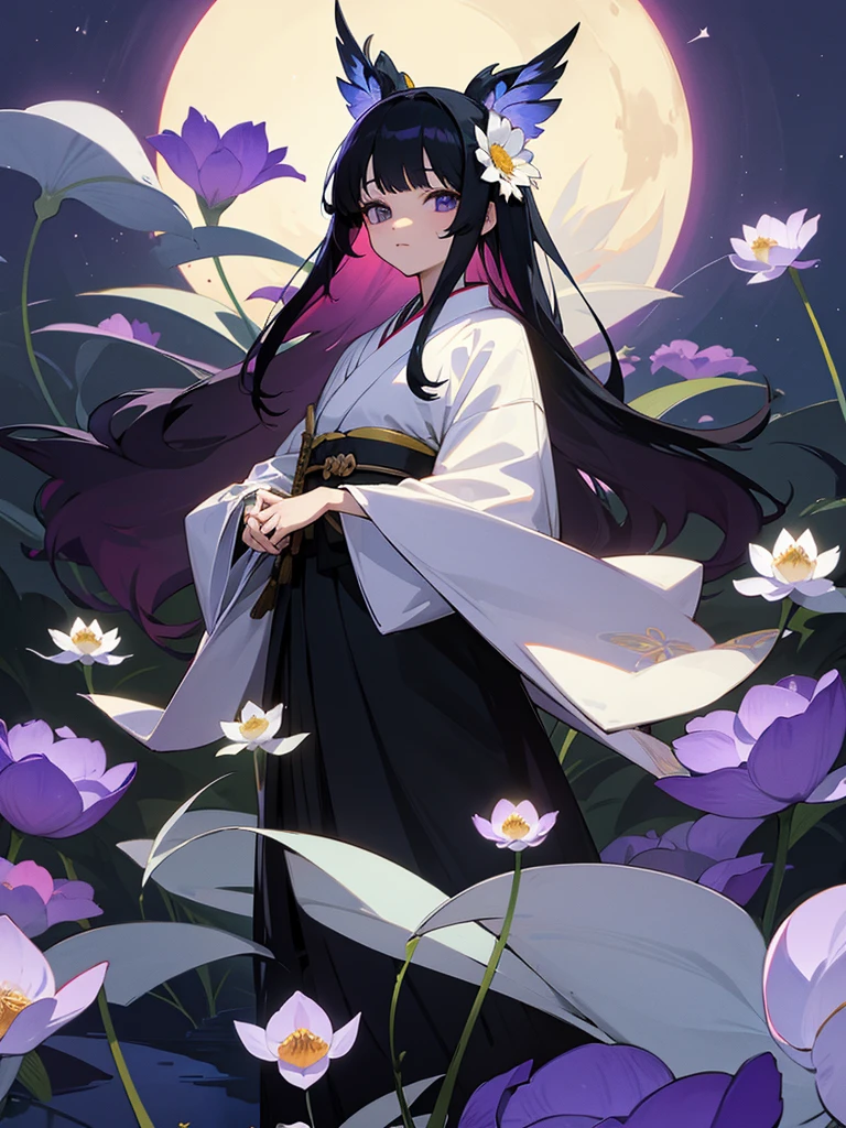 Anime illustration、masterpiece、Highest quality、One girl、Long straight black hair、Hair ornament is white flower、Eye color is green、Japanese style kimono、The obi is white、The obidome has a Mizuhiki pattern.、Posing in front of a lotus field、Lots of purple iris flowers、There is a kingfisher bird、Summer evening、The thirteenth night moon is in the sky