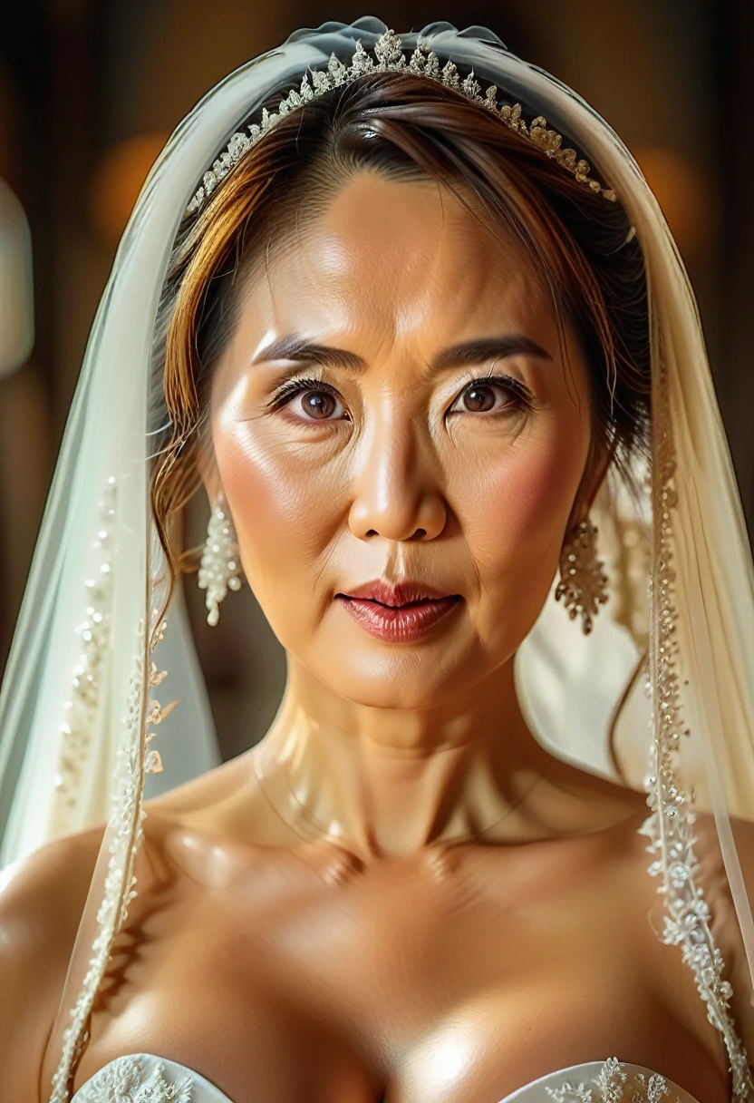 Highest quality, masterpiece, 8K, Realistic, Realistic, Natural light, beautiful Asian mature lady , 45yo,Beautiful woman staring at camera, Highly detailed face and skin texture, Very fine eye,wedding dress, bridal veil, church , Beautiful brown hair, (symmetrical hair length), (Straight hair), huge saggy tits , open mouth