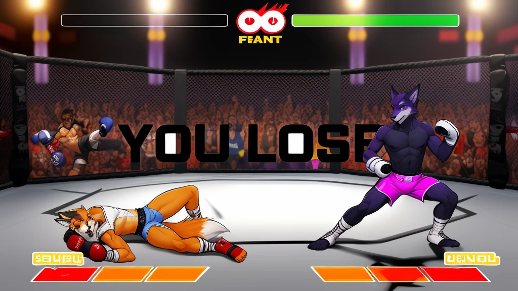 a detailed picture of a boxing match (male anthros, two boy), slim body, slim features, in a boxing ring, Ross Tran, ruan jia, trending on artstation, foxovh,User Interface of Fighting game, Crisis, assorted poses, assorted expression, full body, sound effects, motion blur, from side, ((fox, blue shorts, knocked out on the floor)), (((purple wolf, white shorts, boxing pose))) “VS”