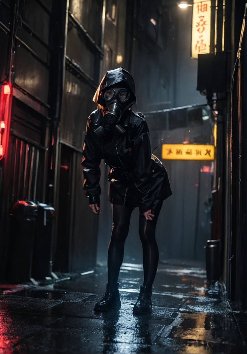 (8K, Raw foto, Best Quality, mastery:1.2), (realisitic, Realistis:1.37)
(masterpiece:1.2), best quality,cg,3d,(( GASMASK:1.2、Raincoat)Rain、solo、hunchback:1.5))in an alleyway during the purge,neon,frightening、looking at viewer:2,Wet body,bent over、leaning forward、(Mechanical tail:1.5)、head tilt