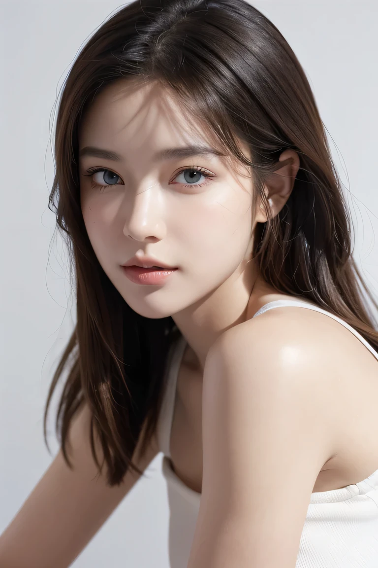 8K,best quality, ultra high resolution, (realistic:1.4), (real skin texture:1.3),1 woman,Beautifully detailed eyes and face,White background, Sitting at a table,white sleeveless,