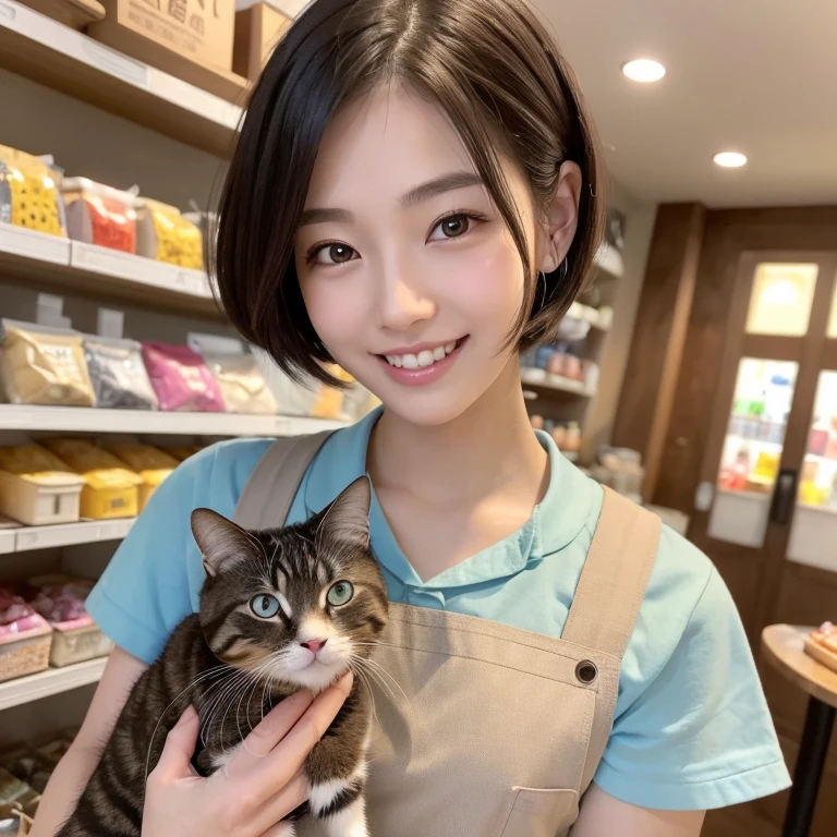 ((Highest quality)), ((masterpiece)), (detailed), One person(Highest quality, 8K, 32k, masterpiece, Ultra-high resolution:1.2),Beautiful Japanese Women Photos、Group of 2、healthy、Glowing Skin, Shallow depth of field、Contrasting、Professional Model、looking forward to it、Overbyte、mouth half open、blush:2.5、Random hairstyles for short hair、Black Hair、Face close-up、Portraiture、Teeth are visible、Big Mouth、Droopy eyes、Round face、Multiple moles、Fair skin、Active 24 year old、Brown eyes、Big smile、pet Shop、Inside the store、Holding a cat、Wearing an apron、During service、Overall image