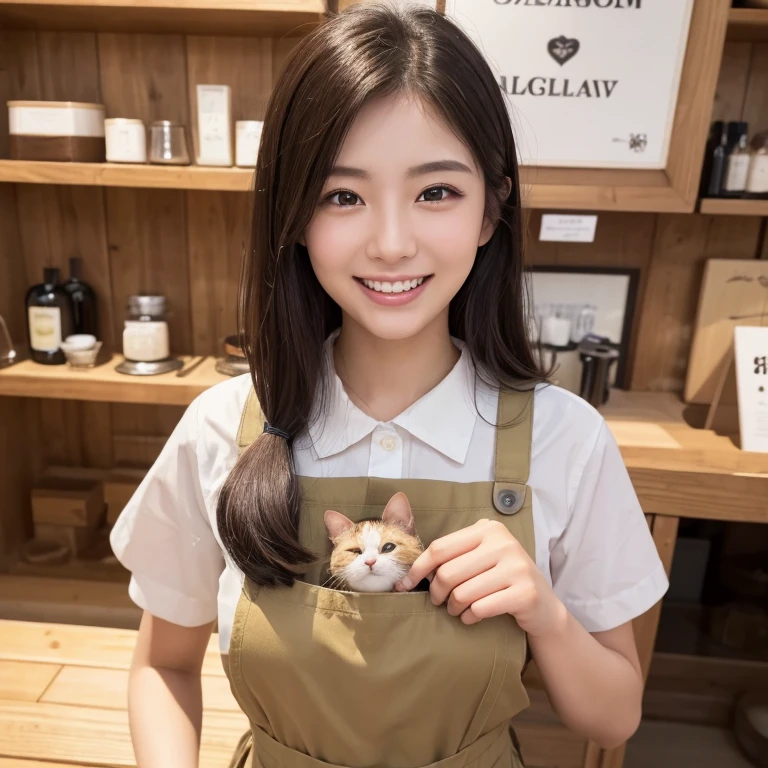 ((Highest quality)), ((masterpiece)), (detailed), One person(Highest quality, 8K, 32k, masterpiece, Ultra-high resolution:1.2),Beautiful Japanese Women Photos、Group of 2、healthy、Glowing Skin, Shallow depth of field、Contrasting、Professional Model、looking forward to it、Overbyte、mouth half open、blush:2.5、Random hairstyles for short hair、Black Hair、Face close-up、Portraiture、Teeth are visible、Big Mouth、Droopy eyes、Round face、Multiple moles、Fair skin、Active 24 year old、Brown eyes、Big smile、pet Shop、Inside the store、Holding a cat、Wearing an apron、During service、Overall image