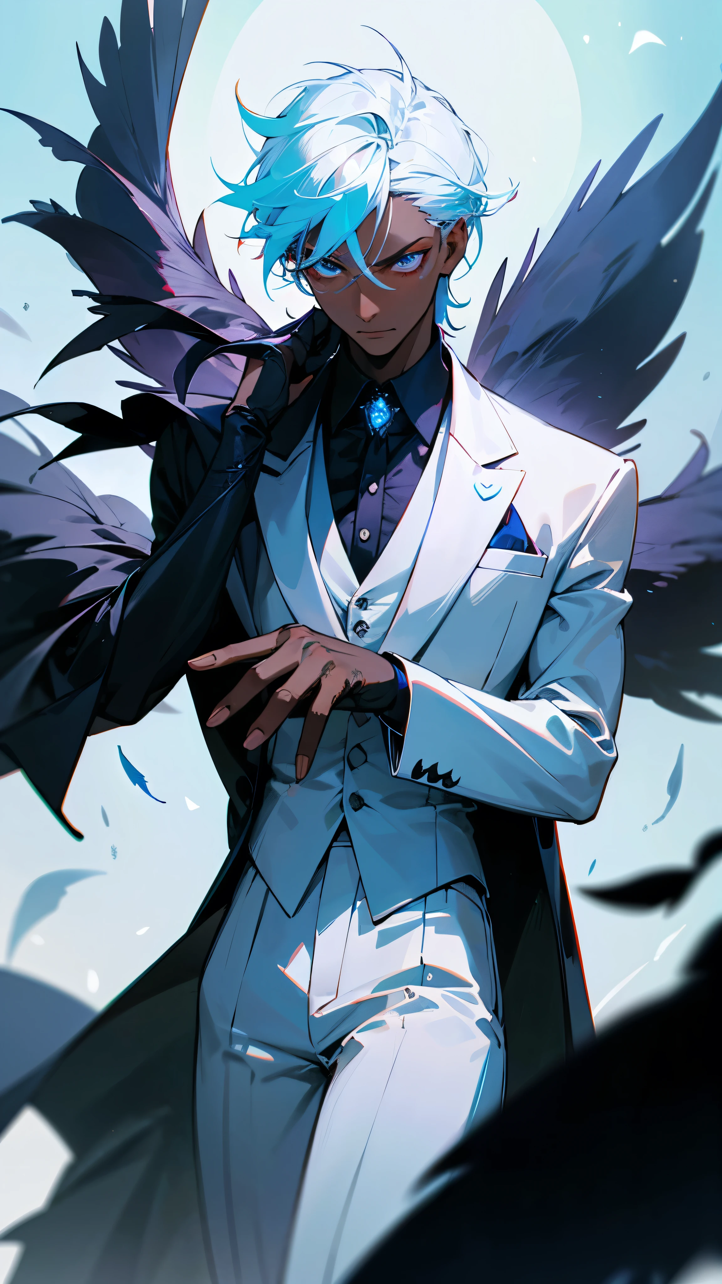 A captivating Dutch-shot of a dark-skinned villain boy with a white tuxedo, his magnificent red crystalline cyan eyes awakening and emitting a radiant reflective cyan light, against a background of falling crow's feathers, 4k, UHD, HDR, ultra-detailed, realistic, photorealistic, sharp focus, physically-based rendering, vivid colors, studio lighting, masterpiece