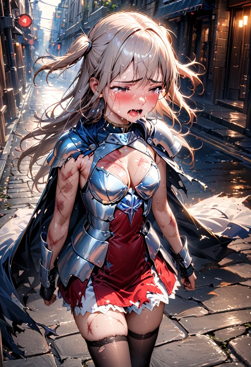 (best quality), (masterpiece, realistic), high res, all detailed, perfect anatomy, (two side up), long hair, silver hair, (red pencil Dress, shoulders armor, single shoulders Cape, pencil miniskirt), medium cleavage, black thigh-highs, (injury skin, scar skin, bleeding skin, torn clothes:1.2), BREAK NSFW, solo, 1girl, (tears:1.18), sigh, blush, sweat, saliva trail, (outdoors, street, stone flooring), cinematic lighting, diffraction spikes, zettai ryouiki,