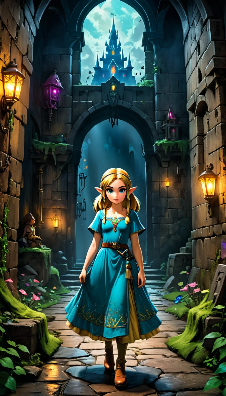 a detailed full body portrait of a princess from the legend of zelda video game series, inspired by the art styles of ian mckee, chen taimi, and jean-baptiste monge, wearing a fashionable dress, in a dark and ominous dungeon environment, highly detailed, cinematic lighting, vibrant colors, (best quality,4k,8k,highres,masterpiece:1.2),ultra-detailed,(realistic,photorealistic,photo-realistic:1.37),HDR,UHD,studio lighting,ultra-fine painting,sharp focus,physically-based rendering,extreme detail description,professional,vivid colors,bokeh