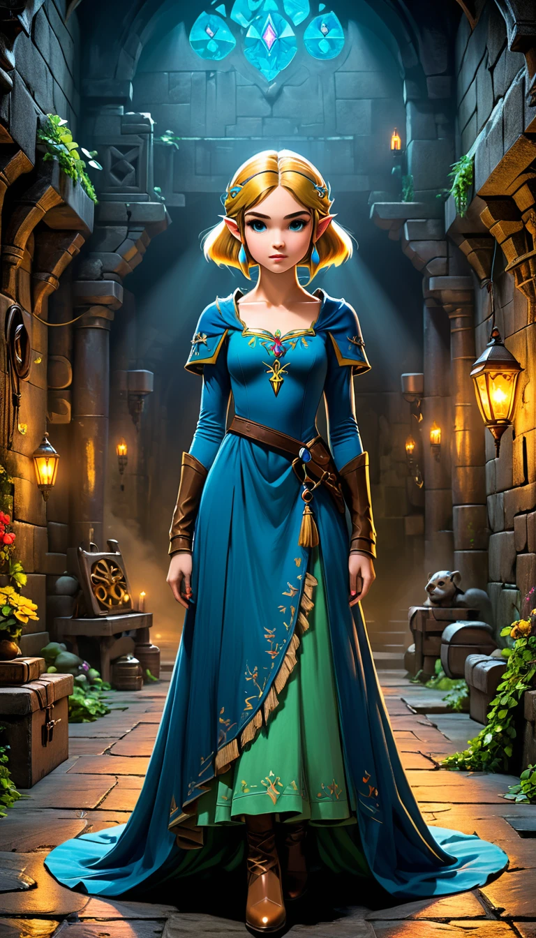 a detailed full body portrait of a princess from the legend of zelda video game series, inspired by the art styles of ian mckee, chen taimi, and jean-baptiste monge, wearing a fashionable dress, in a dark and ominous dungeon environment, highly detailed, cinematic lighting, vibrant colors, (best quality,4k,8k,highres,masterpiece:1.2),ultra-detailed,(realistic,photorealistic,photo-realistic:1.37),HDR,UHD,studio lighting,ultra-fine painting,sharp focus,physically-based rendering,extreme detail description,professional,vivid colors,bokeh
