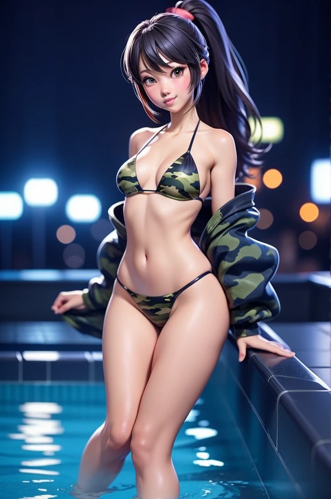 1girl、Super sexy and super cute Japan girl、Super sexy camouflage micro high leg bikini、Night Pool