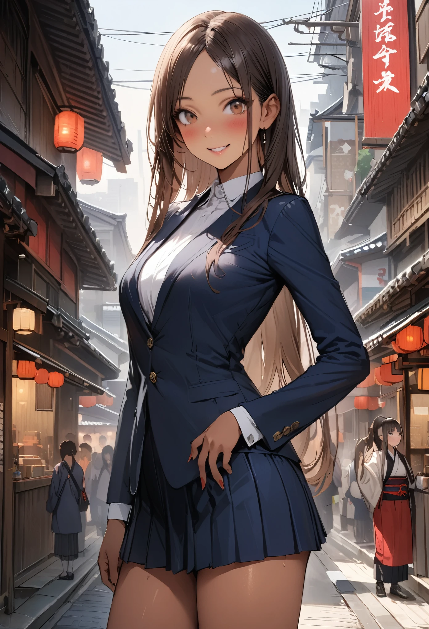 ((masterpiece,Highest quality:1.3,best quality illustration,realistic)),cowboy shot,独奏,1woman,(Mature Japan beauties)、brown hair,long hair,center parted bangs,brown eyes,gorgeous eyes,((very small head:1.3)),blush,smile,((very long body:1.2,skinny)),medium breasts,(tan skin:1.4), (gleaming skin,toned body,slender body),、Dark blue blazer jacket、Navy blue pleated mini skirt、on street,Tokyo、