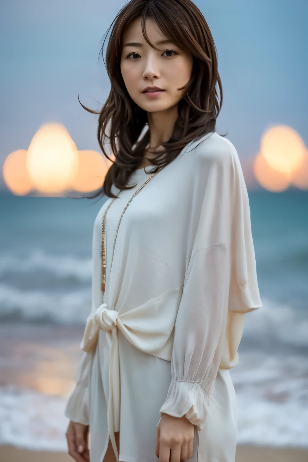 Top quality, realistic, perfect human body structure, very detailed, very delicate and beautiful, RAW photography, beach, professional lighting, luminescence, depth of field, single focal, full body, Skinny Japanese lady, 30 year old lady, brown hair, small head, beautiful eyes, real face, realistic skin, detailed eyes, (fashionable hairstyle: 1.3), sexy pose, absurderes, Incredibly Ridiculous res, Extremely fine, Blouse