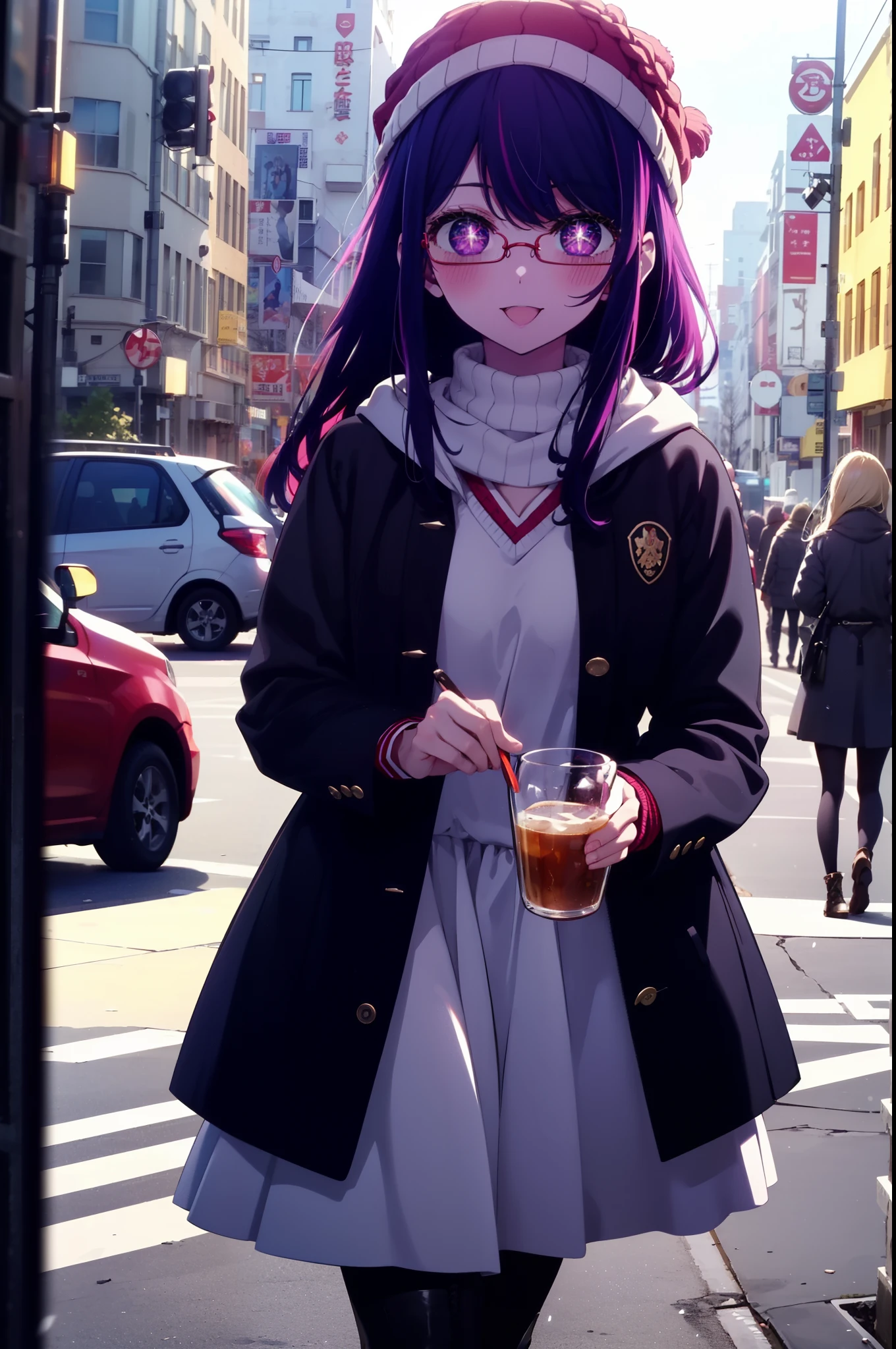 aihoshino, Ai Hoshino, Long Hair, bangs, (Purple eyes:1.1), Purple Hair, (Symbol-shaped pupil:1.5), smile,smile,blush,Open your mouth,Knitted hat,Black-rimmed glasses,Purple long coat,V-neck sweater,Long skirt,Black pantyhose,short boots,Red muffler,It's snowing,Snow is falling,Walking,whole bodyがイラストに入るように, evening,sunset,The sun is setting,
break outdoors, Building district,
break looking at viewer, whole body,
break (masterpiece:1.2), Highest quality, High resolution, unity 8k wallpaper, (figure:0.8), (Beautiful attention to detail:1.6), Highly detailed face, Perfect lighting, Highly detailed CG, (Perfect hands, Perfect Anatomy),