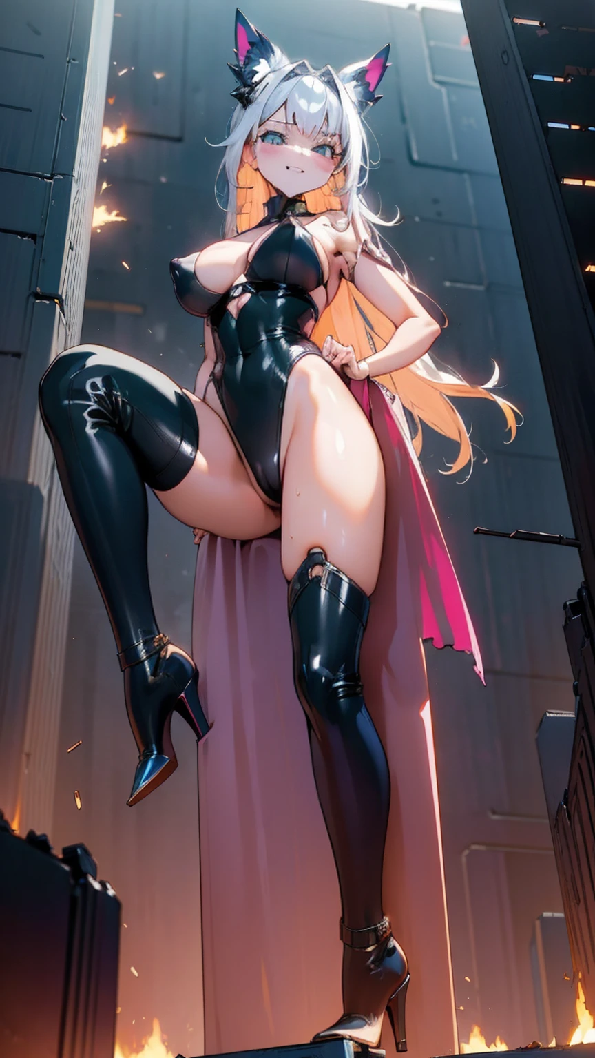 A provocative giantess in a skimpy black leather outfit, with long platinum blonde hair and seductive blue eyes, strides through a neon-lit cyberpunk city. She crushes sleek cars and towering billboards under her stiletto heels, her powerful legs creating shockwaves with each step. Her voluptuous body exudes dominance and raw sensuality as she poses provocatively, leaning forward to mock the tiny people below with a wicked grin and a sultry laugh. The tiny humans, scattered around her feet, stare up in terror as she lifts one to her lips for a teasing kiss. Giantess, Goddess, sexy legs, heels, hot, curvy body, mommy issues, tiny people, macrophilia, perspective from below, high quality, almost naked, mature woman, cyberpunk, erotic.