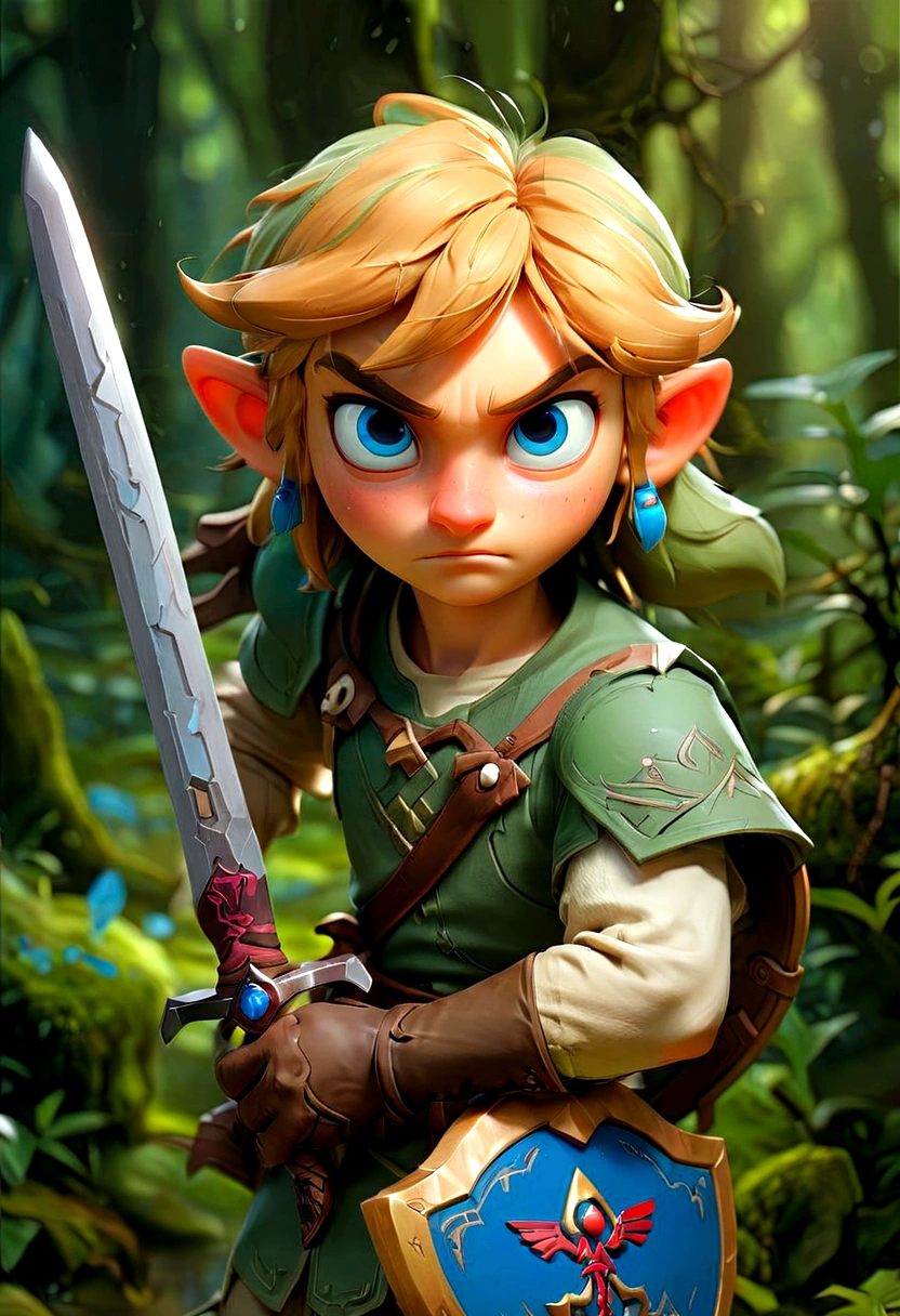 1boy, Link, The Legend of Zelda, Generate a high-fidelity, detail-oriented closeup of Link from the Legend of Zelda holding a sword and shield. The setting is a forest background, with elements such as trees and shrubs subtly included in the background. The image should mimic the texture and depth of an oil painting, expressing the character's confident nature yet also its beauty in a poignant and compelling way, influenced by the art of Lou Xaz, masterpiece, best quality, very aesthetic, absurdres