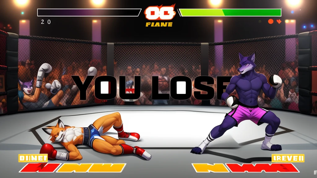 a detailed picture of a boxing match (male anthros, two boy), slim body, slim features, in a boxing ring, Ross Tran, ruan jia, trending on artstation, foxovh,User Interface of Fighting game, Crisis, assorted poses, assorted expression, full body, sound effects, motion blur, from side, ((fox, blue shorts, knocked out on the floor)), (((purple wolf, white shorts, boxing pose))) “VS”