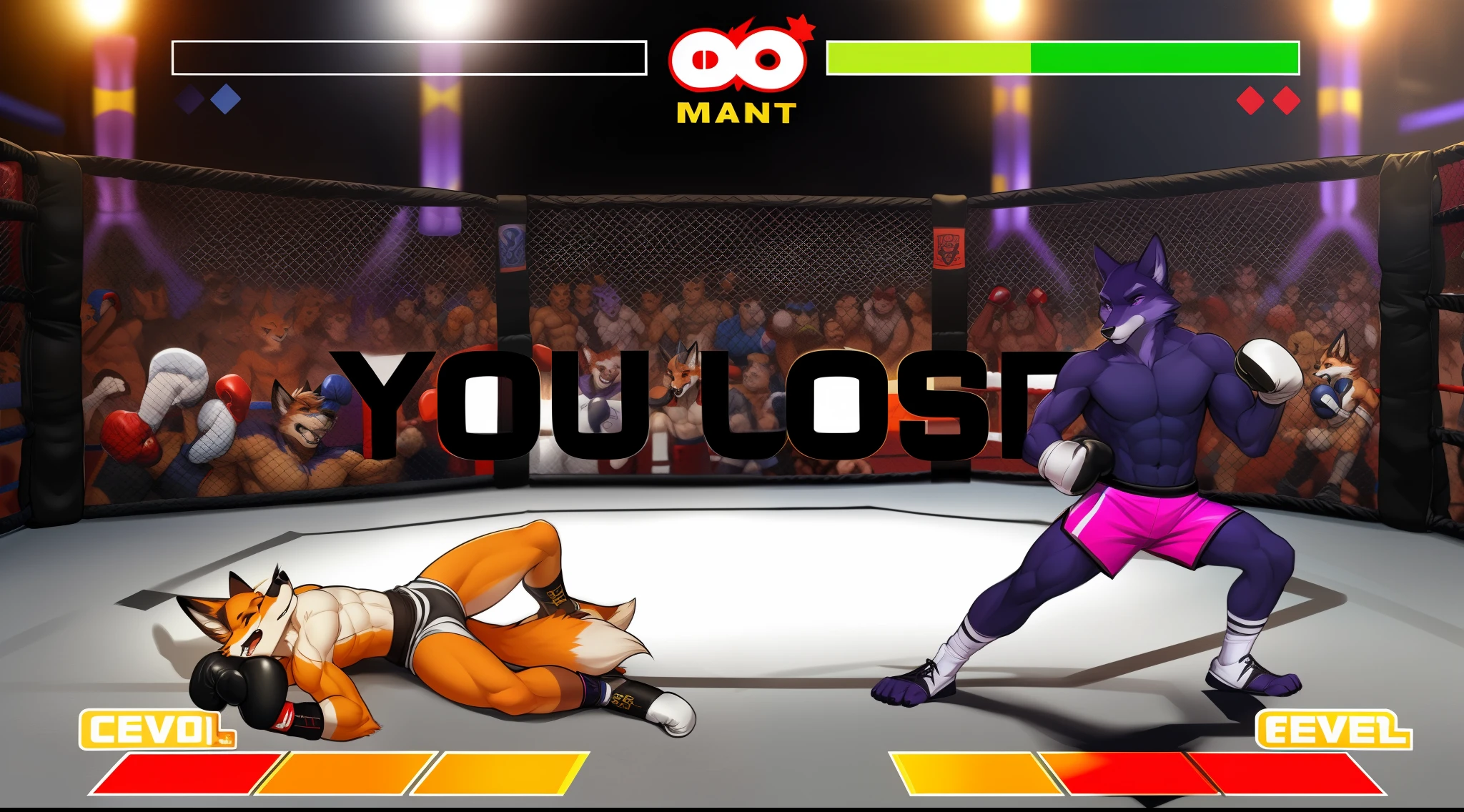 a detailed picture of a boxing match (male anthros, two boy), slim body, slim features, in a boxing ring, Ross Tran, ruan jia, trending on artstation, foxovh,User Interface of Fighting game, Crisis, assorted poses, assorted expression, full body, sound effects, motion blur, from side, ((fox, blue shorts, knocked out on the floor)), (((purple wolf, white shorts, boxing pose))) “VS”