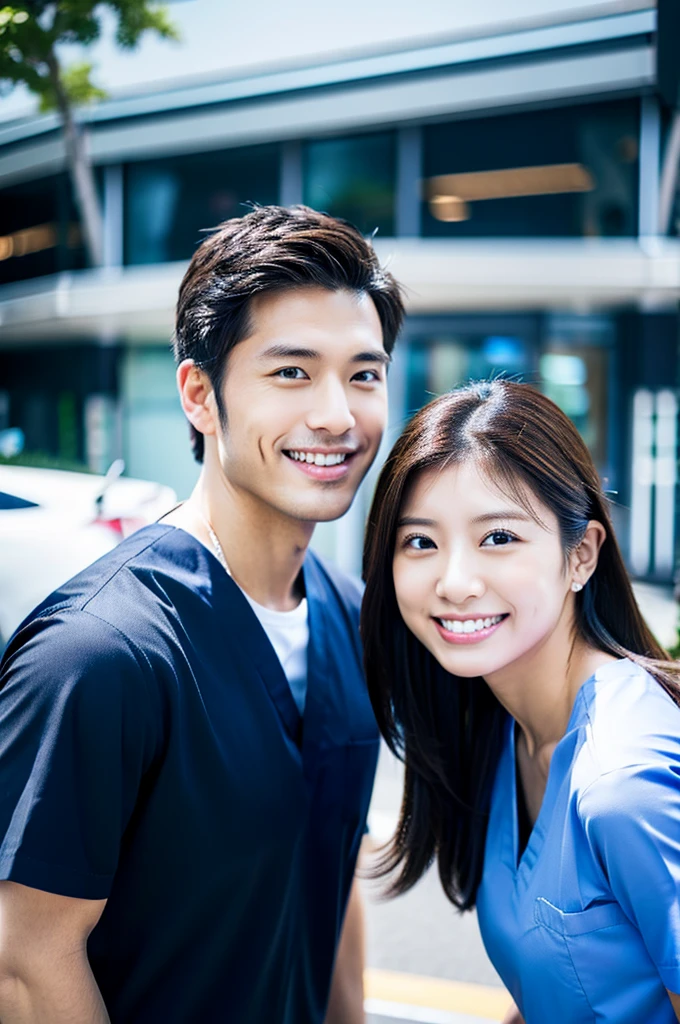 Male dentist and female dental hygienist 2people A good business partner 日本people Handsome Men and Beautiful Women Wearing black scrubs Upper body close-up high resolution high resolution Highest quality smile Shooting outside