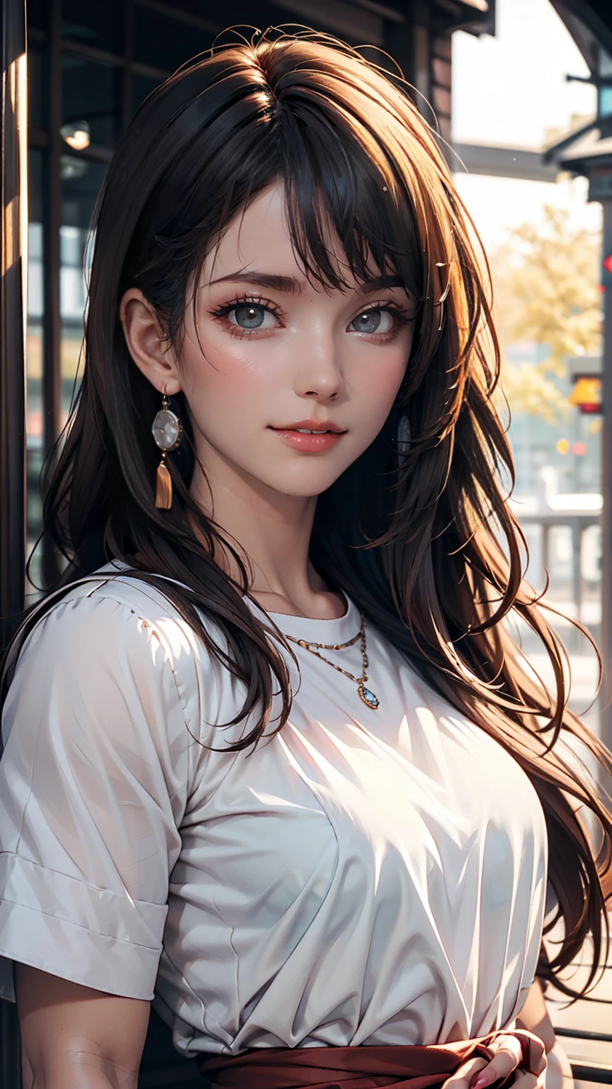 最high quality, 8K, masterpiece: 1.3, Ultra HD, high quality, 最high quality, High resolution, realism)) 、25-year-old Caucasian female、Brunette、blue eyes、Long Hair、smile、thin、thinだがアスリートのような細マッチョ、I'I don't want my head to disappear from the screen..、Wear accessories on your wrist、Wearing red nail polish、Having a pedicure、Wear sheer clothing, Off-the-shoulder bodycon top、Wearing Sandals、carrying a clutch bag、Skyscraper Background、Waiting for a traffic light at an intersection、Crystal Earrings((Crystal Earrings))、Inner Color((Inner hair color))、Long Hair ((Long Hair))、Dark Blonde、Bang bang as we part((Parted bangs))、Cat ear headphones((Cat ear headphones))、Background Blur((Depth of written boundary))